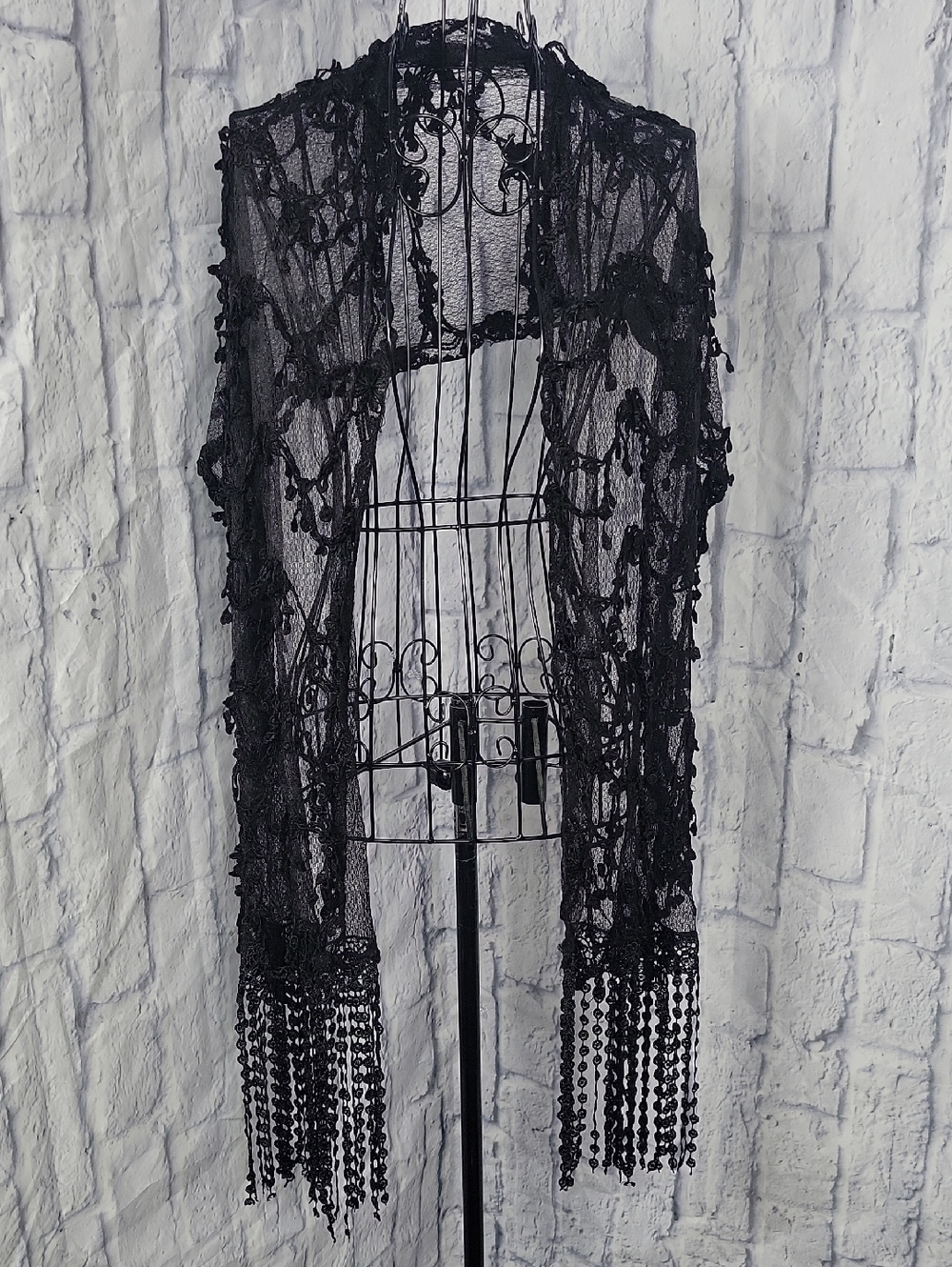 Black Lace Beaded Fringe Shawl Wrap‎ Sheer Boho Evening NWOT